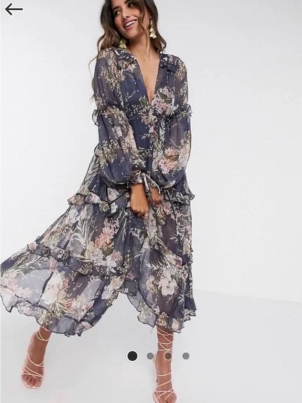 Floral V-Neck Long Sleeve Midi Dress in Navy - Wedding Guest Dress
